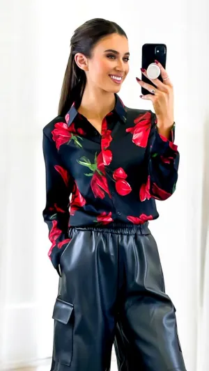 A2003 Black/Red Floral Blouse