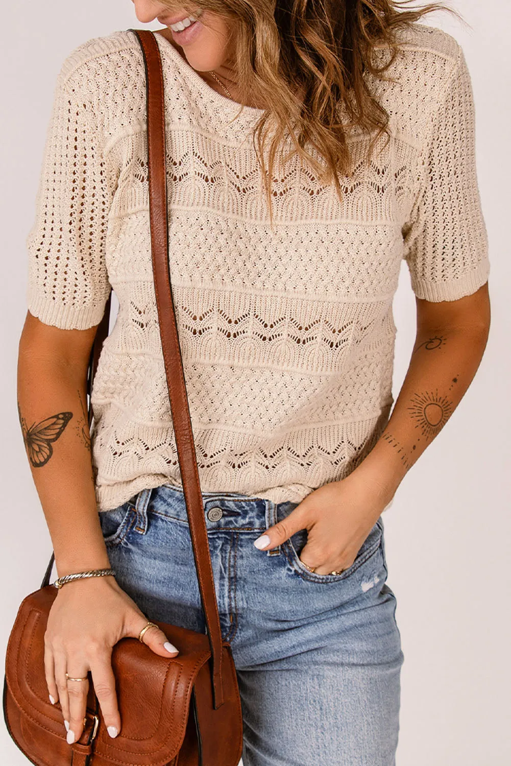 Apricot Crochet Hollow-Out Short Sleeve T-Shirt