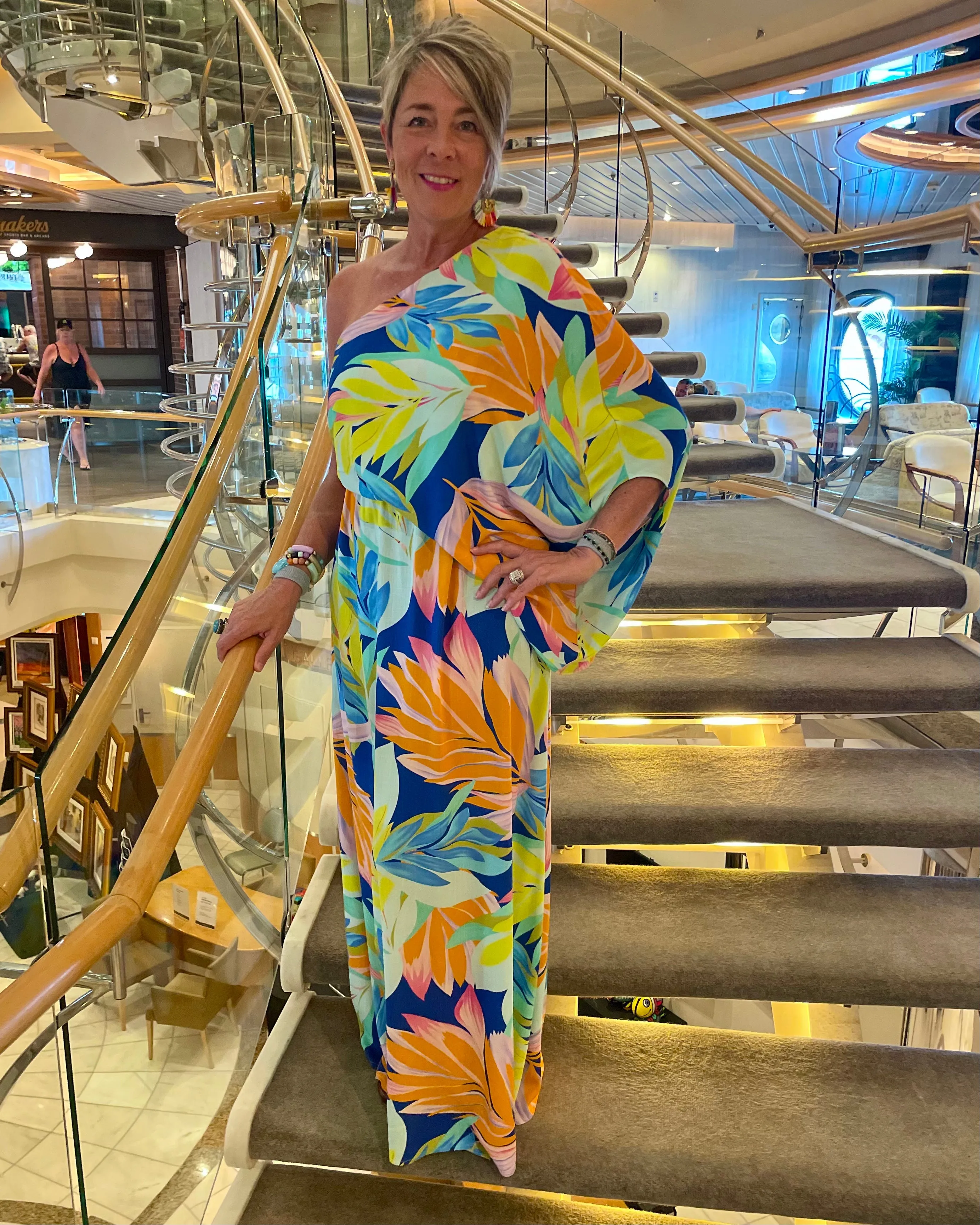 Beautiful Tropical Leaf Multi Color One Shoulder Maxi Dress