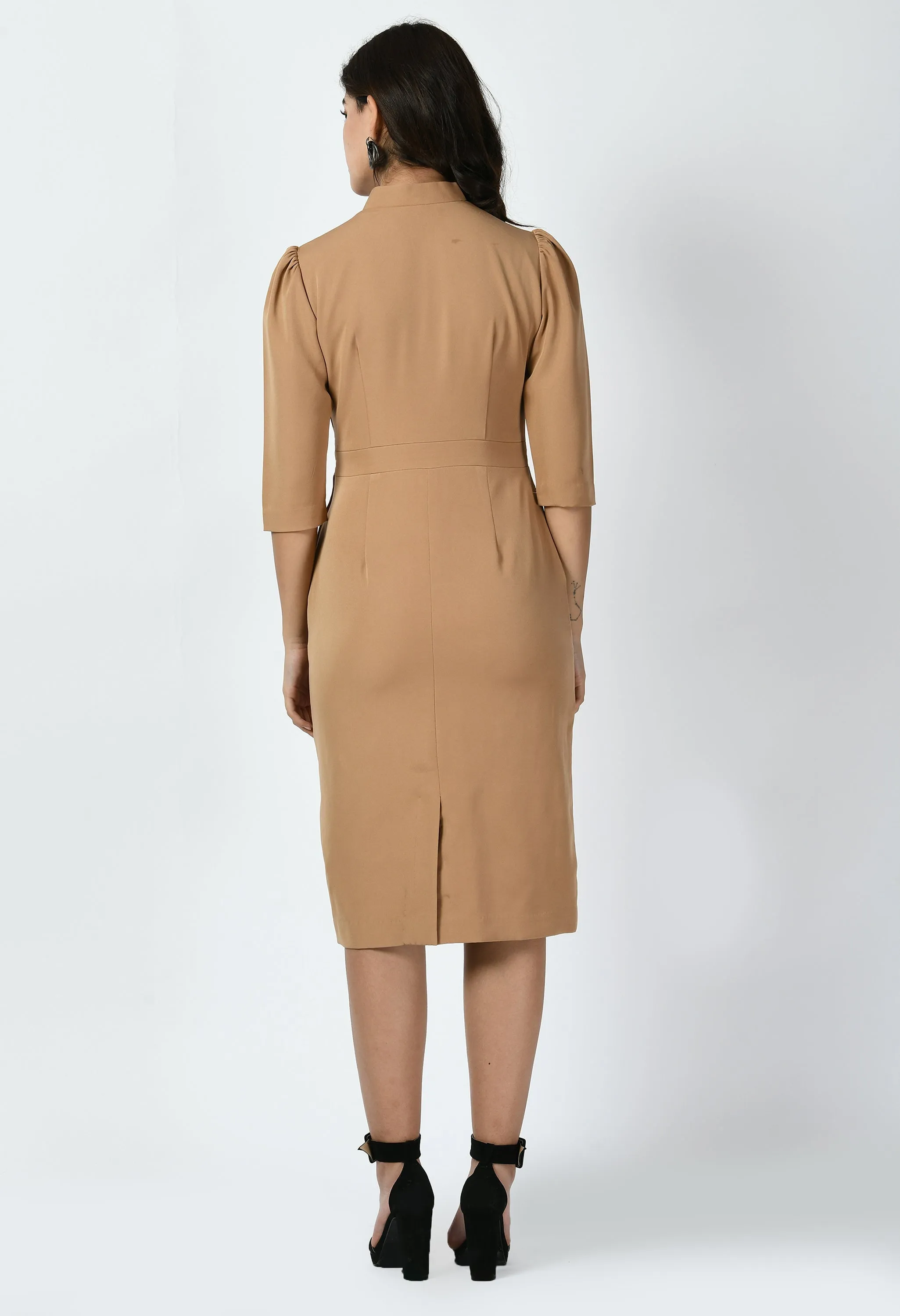Beige Cotton Blend Grace Puff Sleeves Sheath Dress