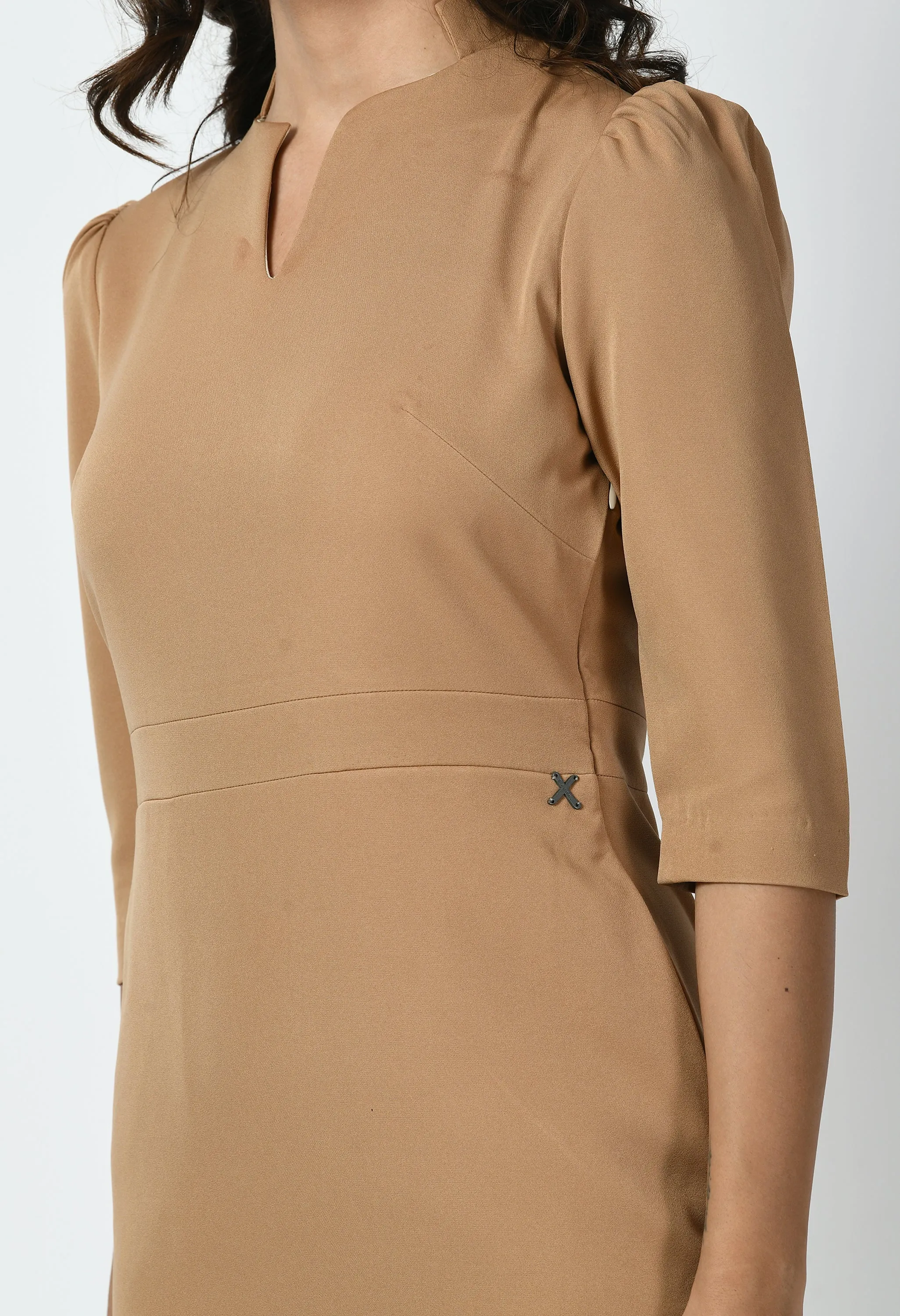 Beige Cotton Blend Grace Puff Sleeves Sheath Dress