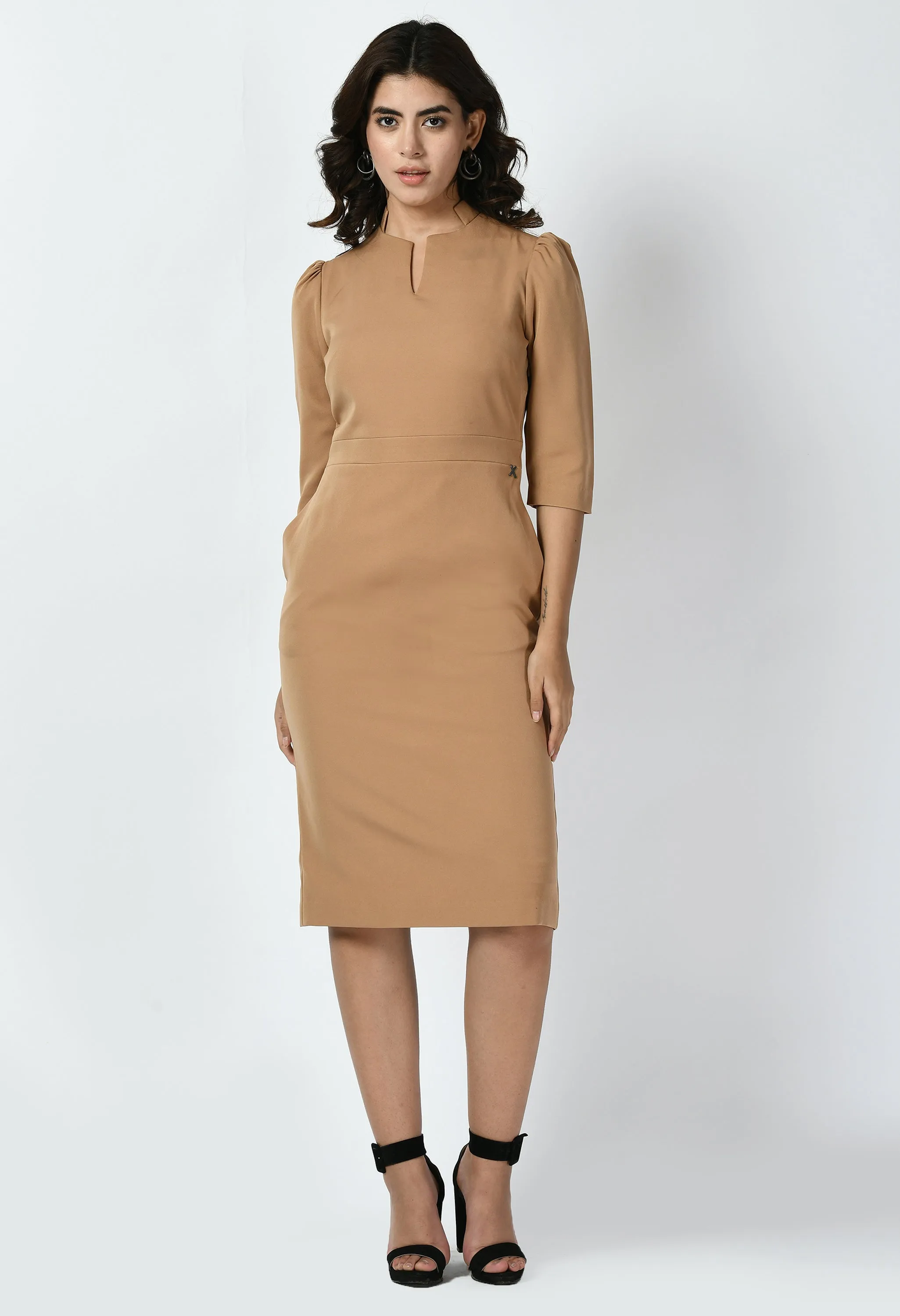 Beige Cotton Blend Grace Puff Sleeves Sheath Dress