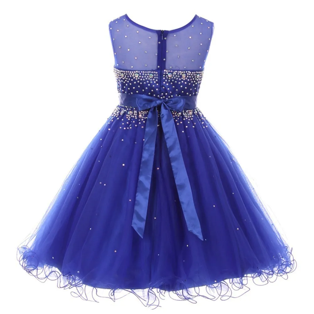 Big Girls Royal Blue Sparkling Rhinestone Illusion Tulle Party Formal Dress 8-16