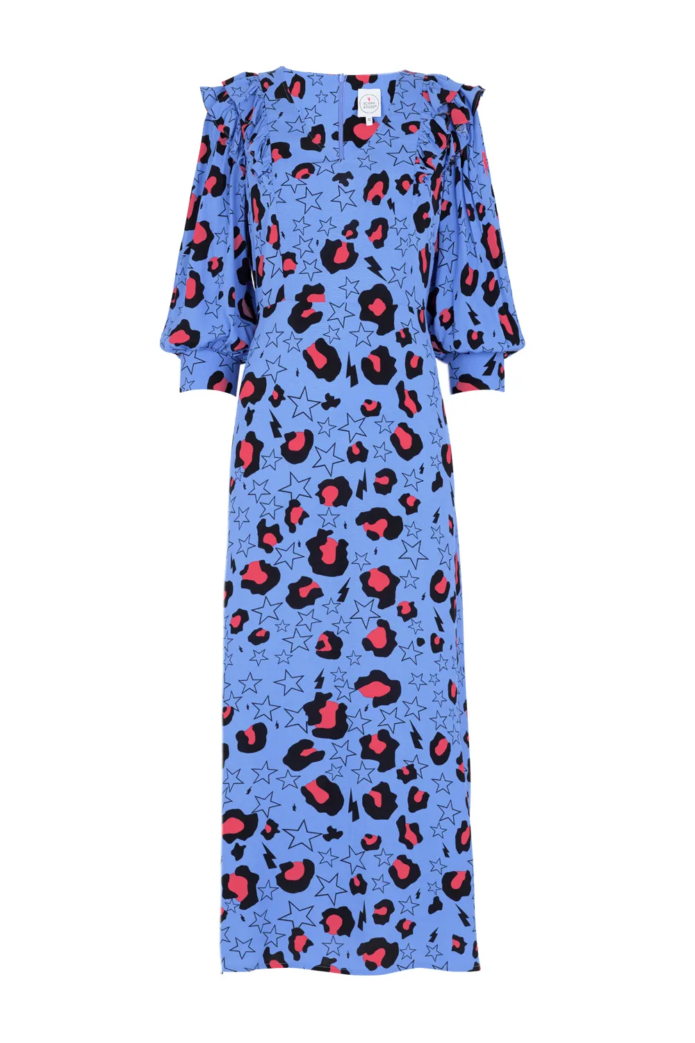 Blue with Pink Snow Leopard Star and Lightning Bolt Midi Dress