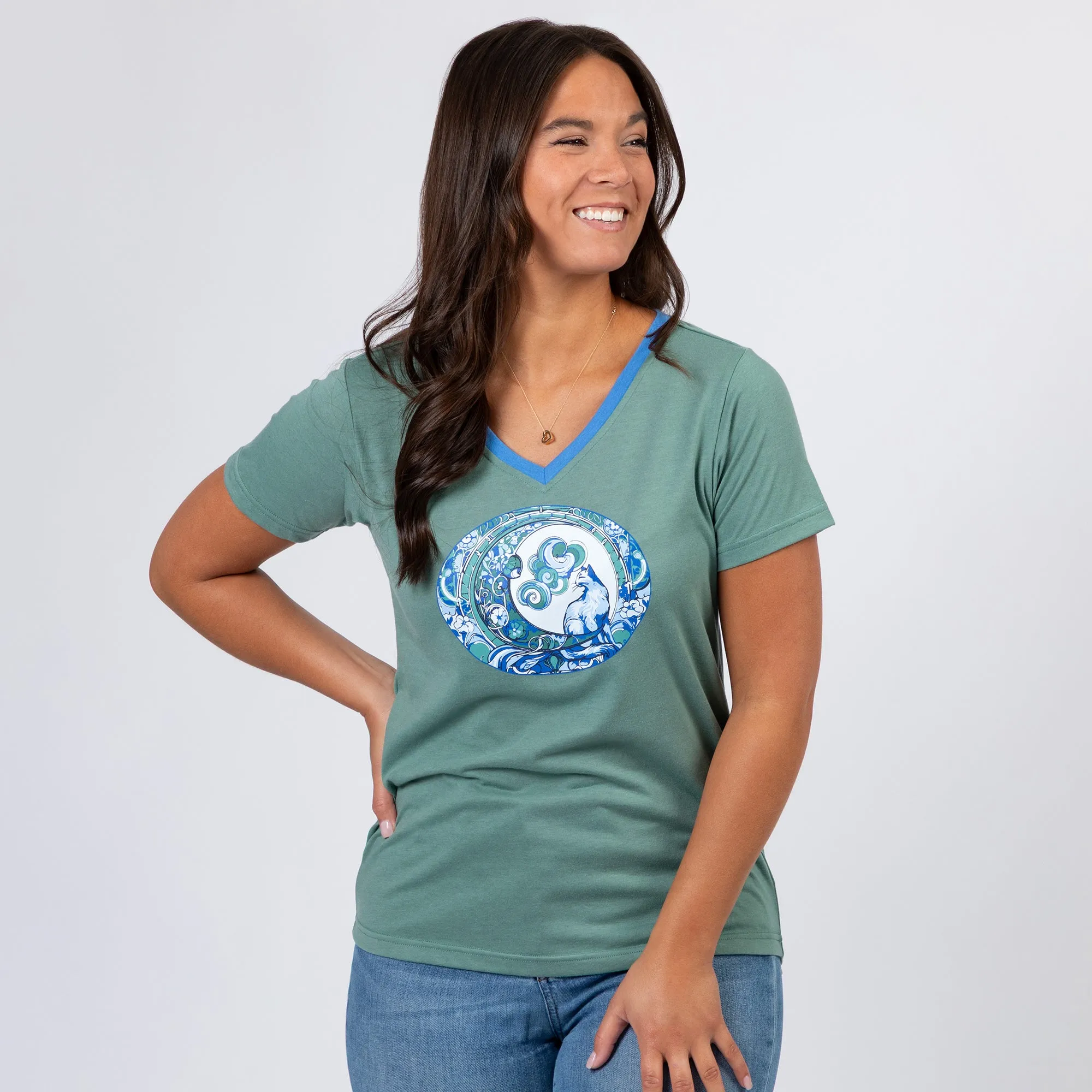 Cat & Moon Contrast V-Neck Tee