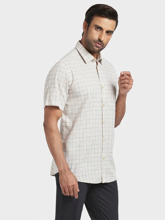 Colorplus Brown Checks Tailored Fit Half Sleeve Linen Blend Shirt