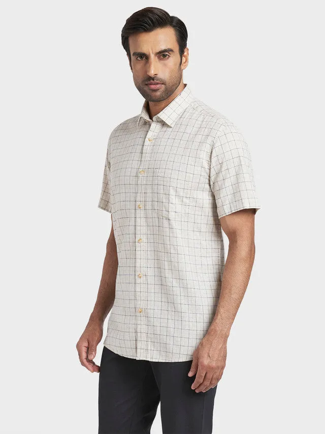 Colorplus Brown Checks Tailored Fit Half Sleeve Linen Blend Shirt