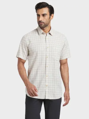 Colorplus Brown Checks Tailored Fit Half Sleeve Linen Blend Shirt