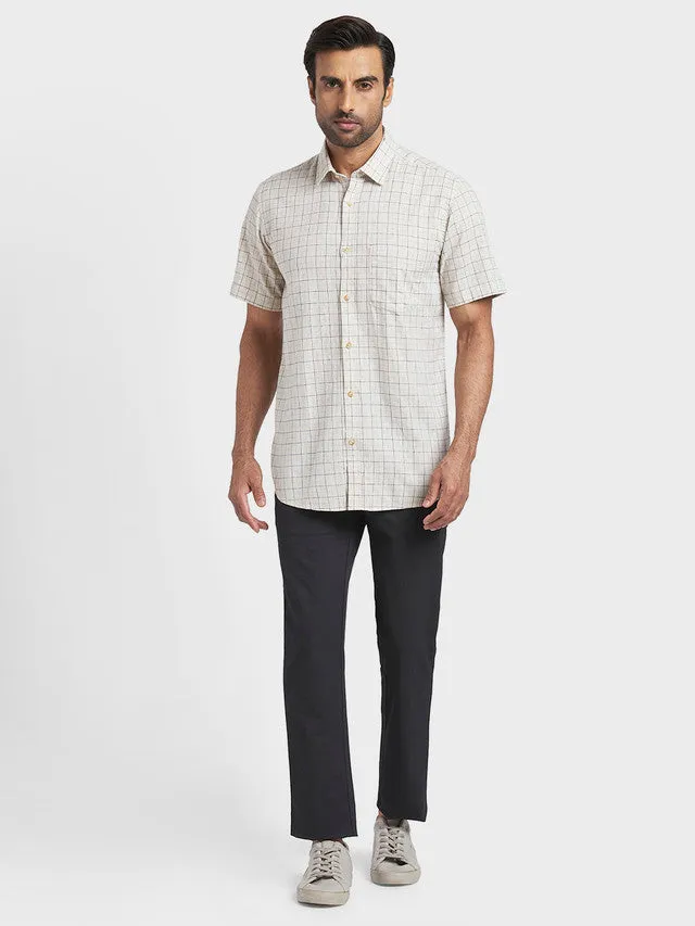 Colorplus Brown Checks Tailored Fit Half Sleeve Linen Blend Shirt