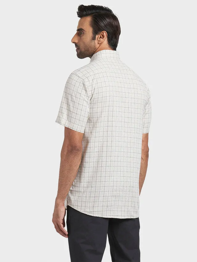 Colorplus Brown Checks Tailored Fit Half Sleeve Linen Blend Shirt