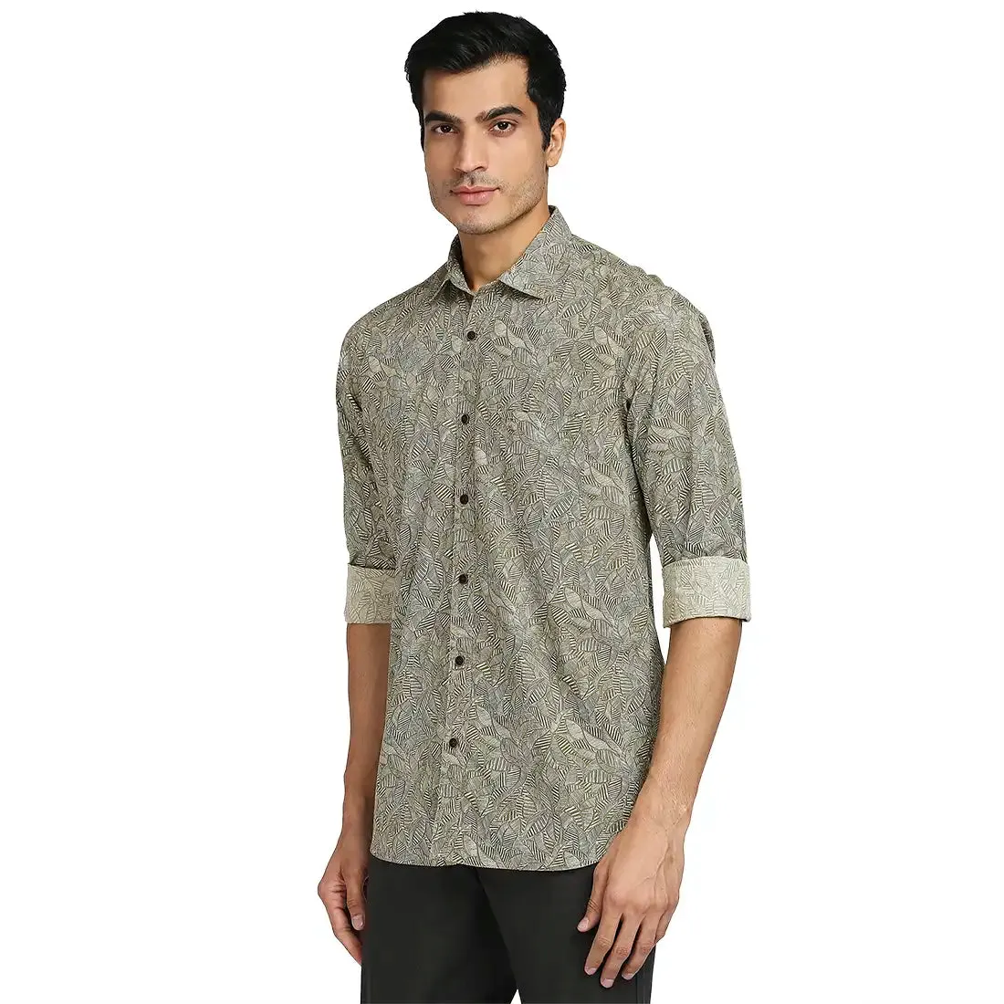 Colorplus Men Grey Printed Tailored Fit Cotton Casual Shirt