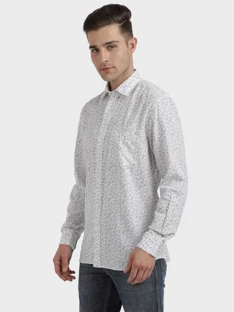 Colorplus Men Grey Printed Tailored Fit Linen Blend Shirt