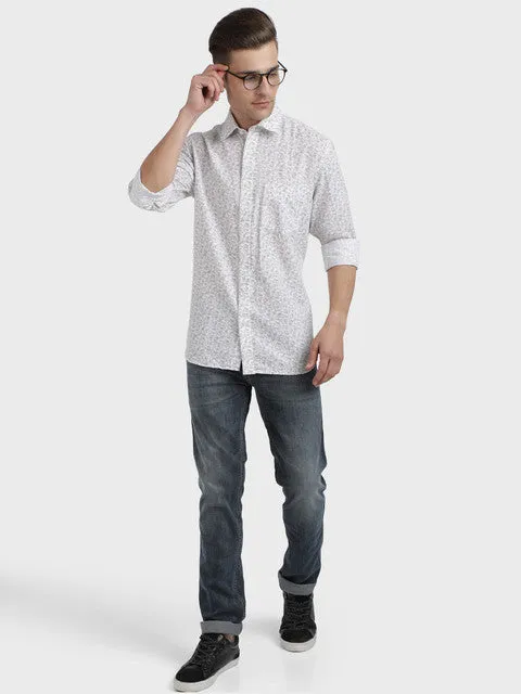 Colorplus Men Grey Printed Tailored Fit Linen Blend Shirt