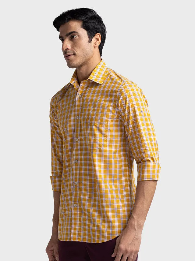 Colorplus Men Yellow Checkered Tailored Fit Full Sleeve Spread Collar Shirt