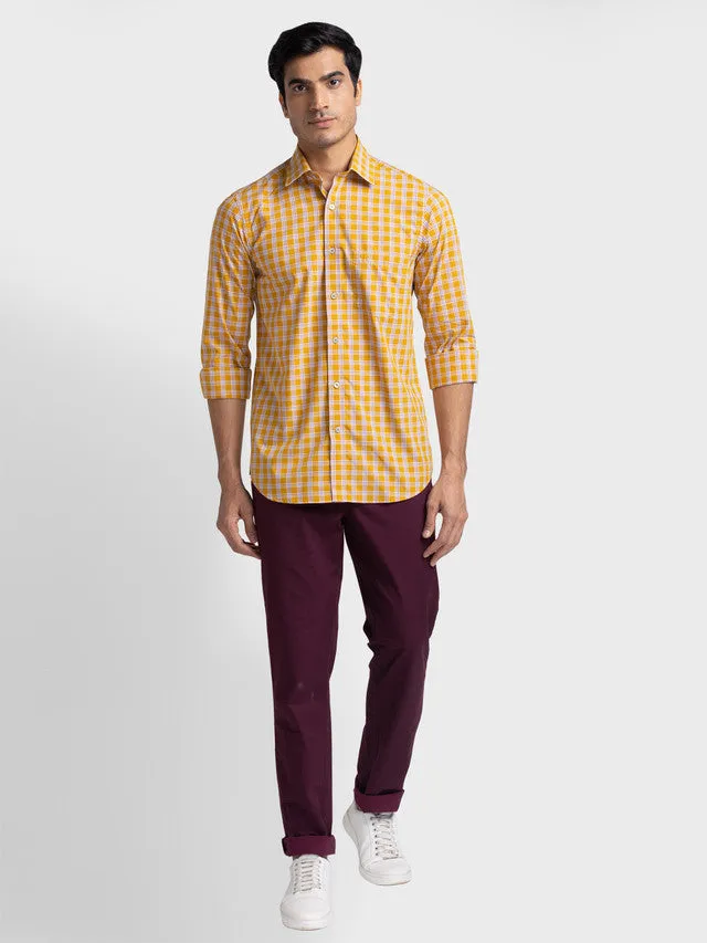 Colorplus Men Yellow Checkered Tailored Fit Full Sleeve Spread Collar Shirt