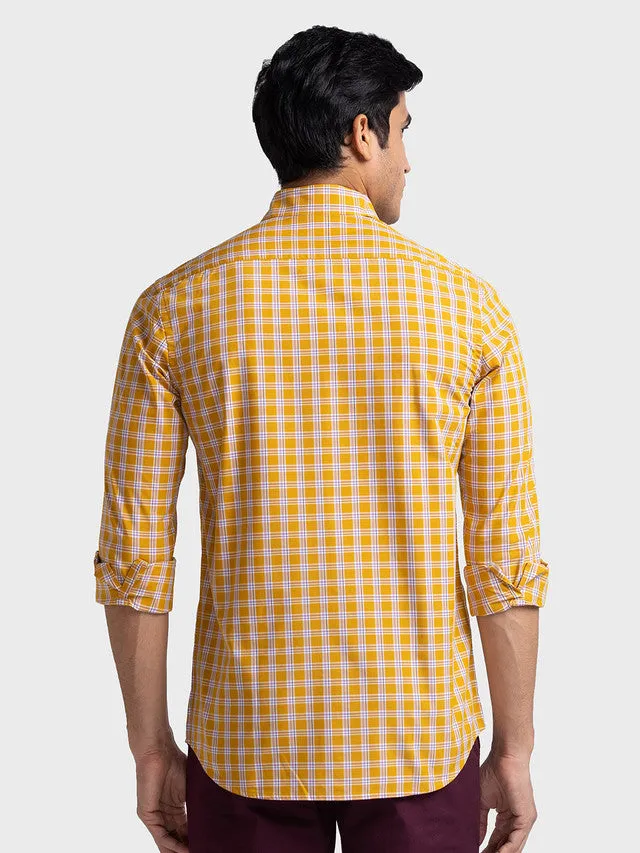 Colorplus Men Yellow Checkered Tailored Fit Full Sleeve Spread Collar Shirt