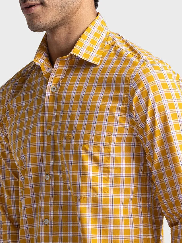 Colorplus Men Yellow Checkered Tailored Fit Full Sleeve Spread Collar Shirt