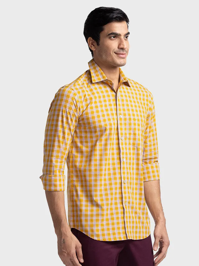 Colorplus Men Yellow Checkered Tailored Fit Full Sleeve Spread Collar Shirt