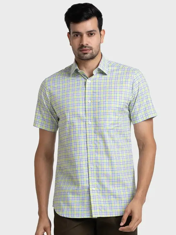 Colorplus Men Yellow Checks Tailored Fit Cotton Casual Shirt