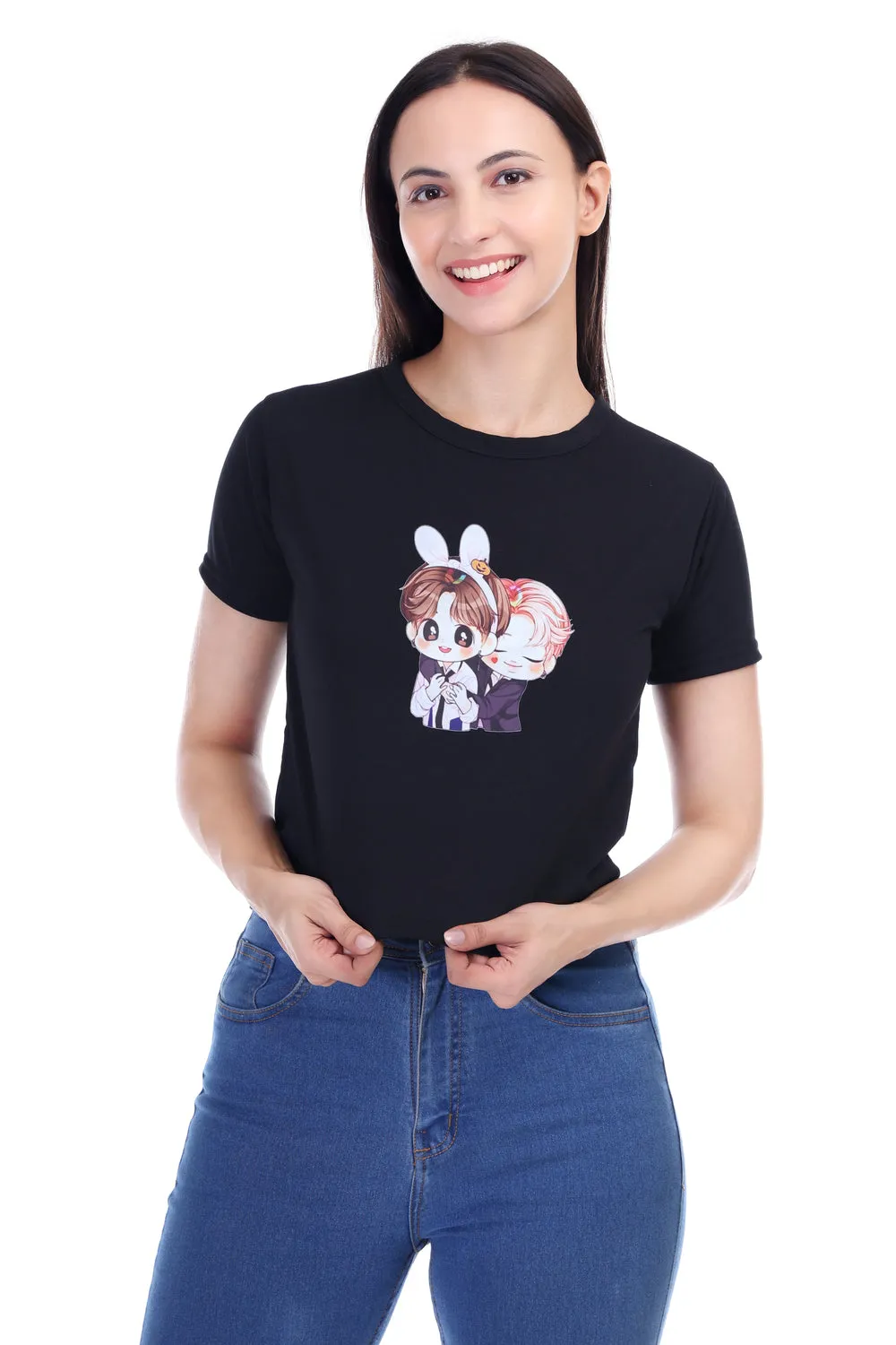 DK FASHION Women's  Women Solid Round Neck Pure Cotton Anime Black T-Shirt