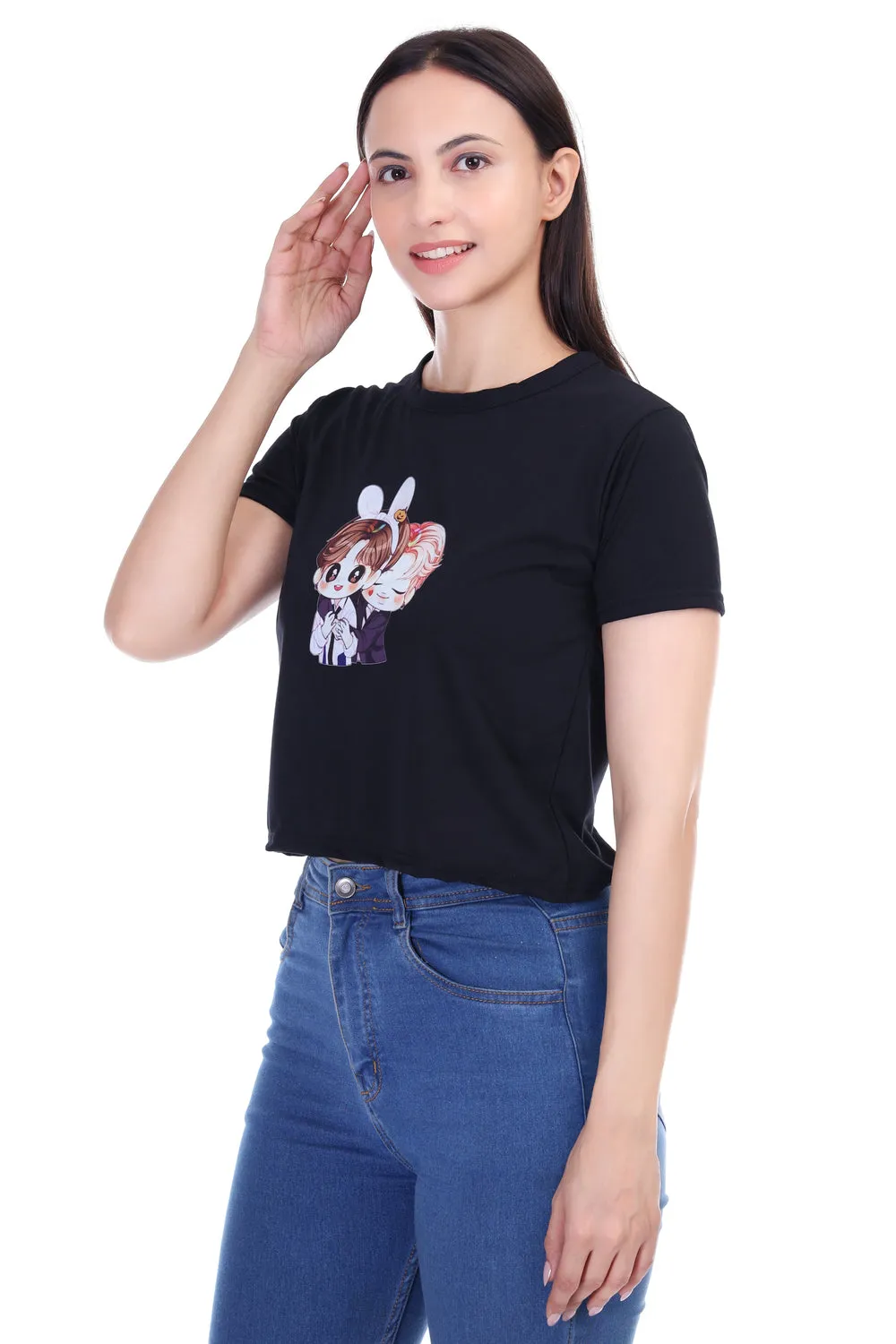 DK FASHION Women's  Women Solid Round Neck Pure Cotton Anime Black T-Shirt