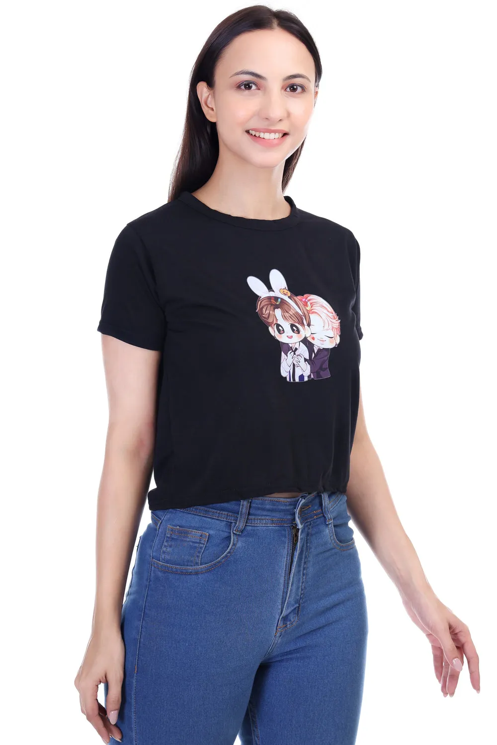 DK FASHION Women's  Women Solid Round Neck Pure Cotton Anime Black T-Shirt