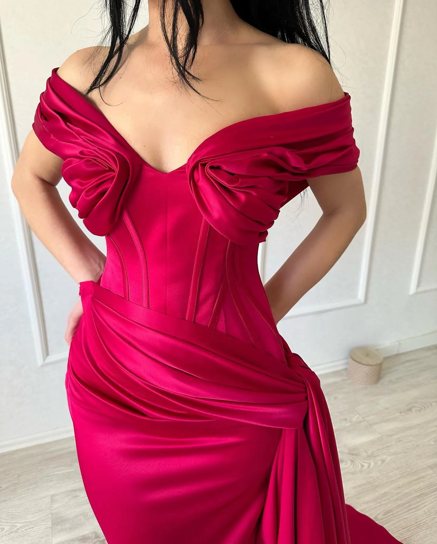 Elegant Long Mermaid Off-the-shoulder Sleeveless V-neck Satin Fuchsia Prom Dress