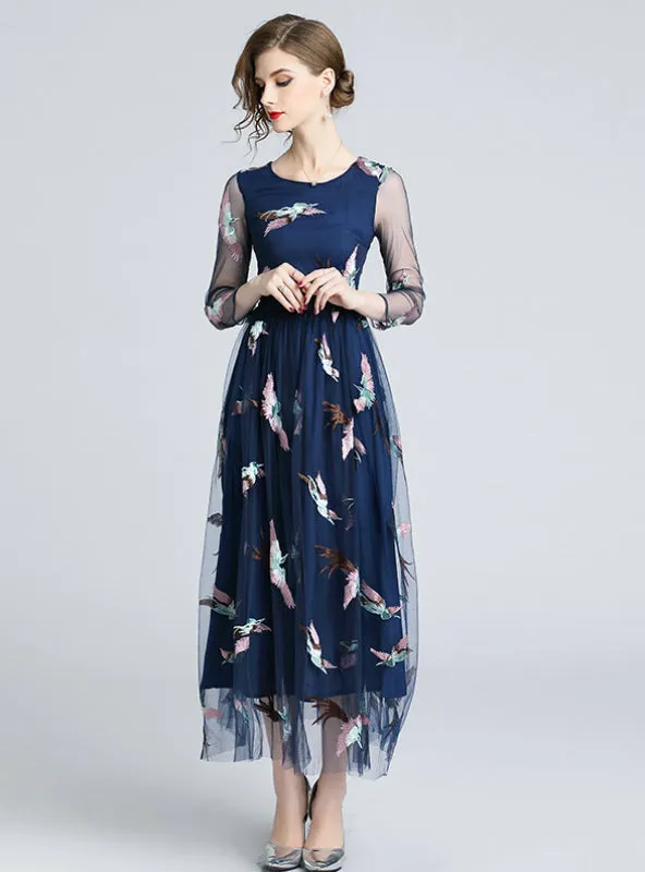 Embroidery Mesh Maxi Dress 2018 Illusion Neck