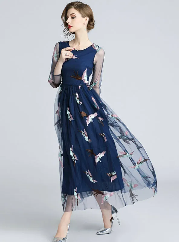 Embroidery Mesh Maxi Dress 2018 Illusion Neck