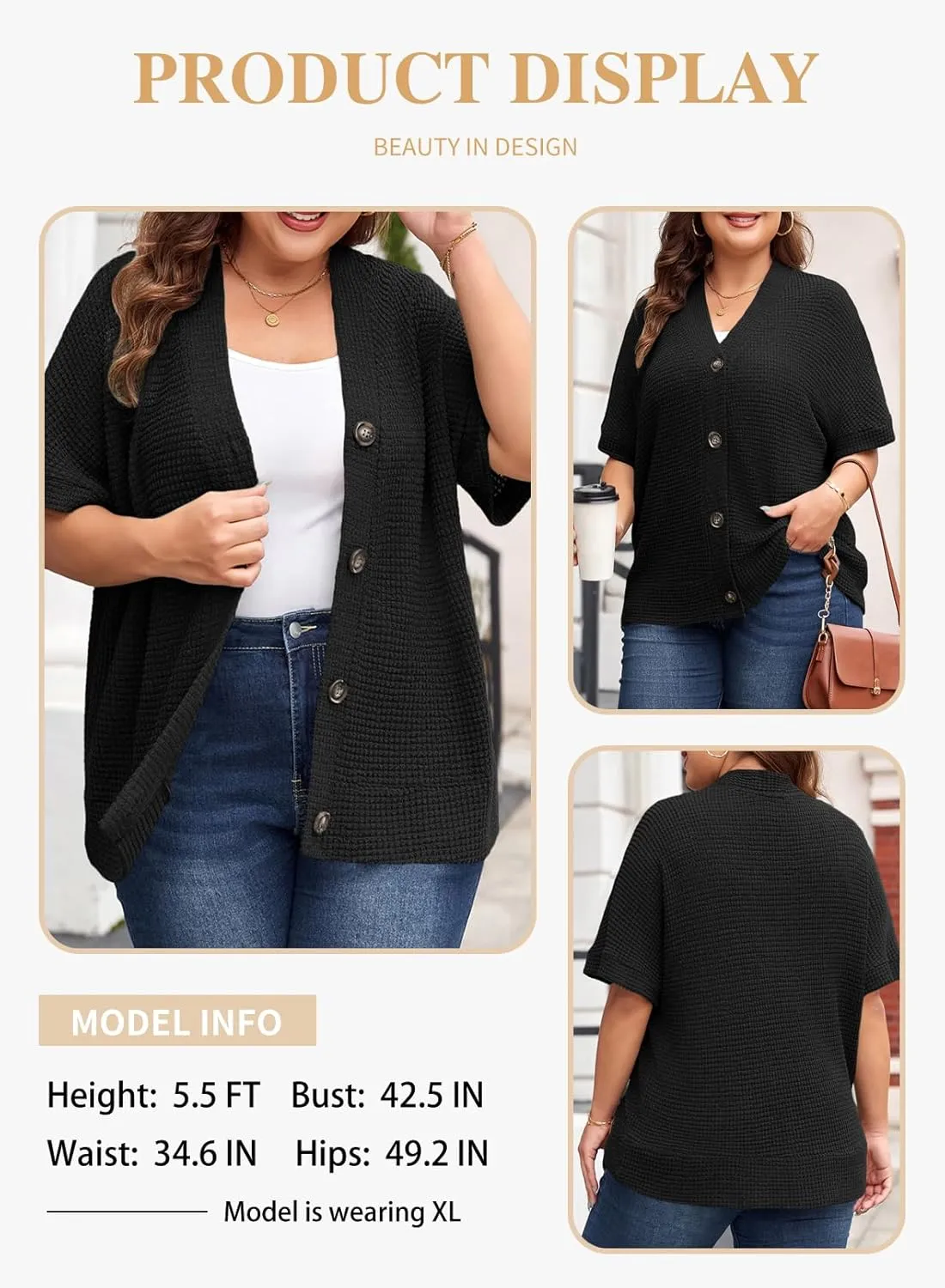 Eytino Womens Plus Size Tops Casual V Neck Short Sleeve Waffle Knit Button Down Shirts(1X-5X)