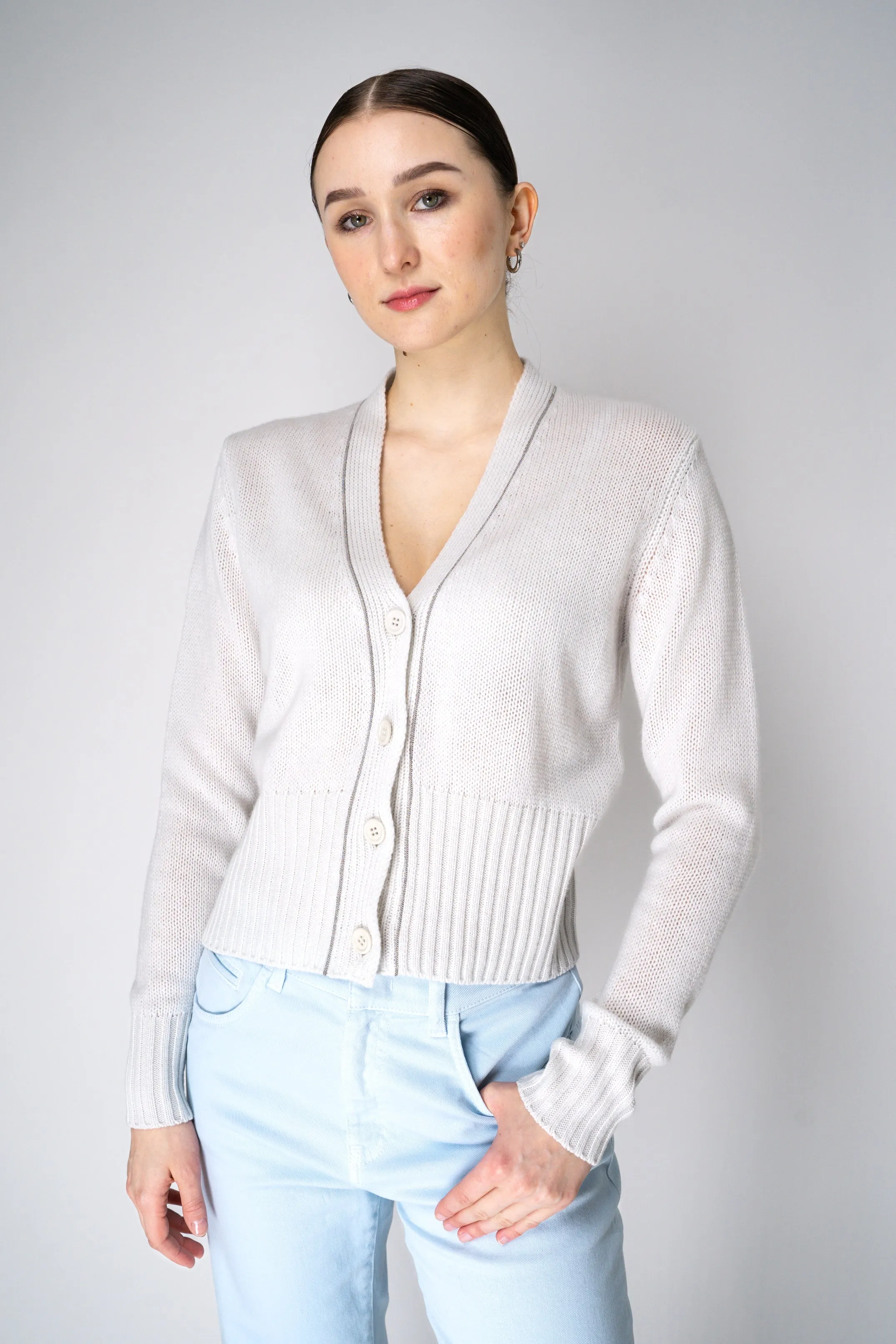 Fabiana Filippi 100% Cashmere Cardigan with Brilliant Beading in Chalk White