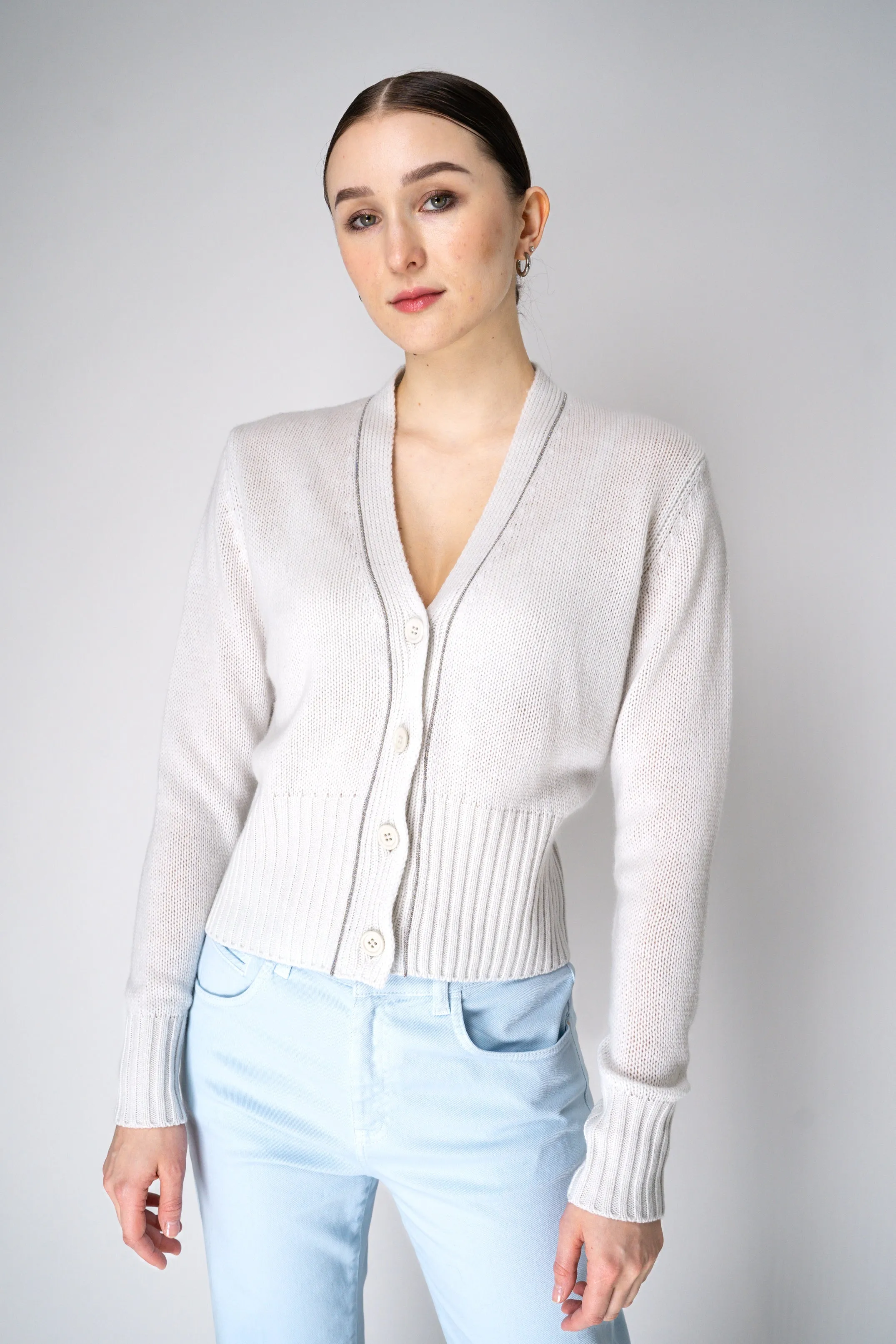 Fabiana Filippi 100% Cashmere Cardigan with Brilliant Beading in Chalk White