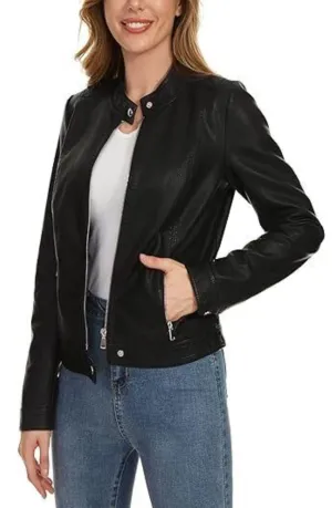 Fera Sheepskin Leather Biker Jacket Black for Women