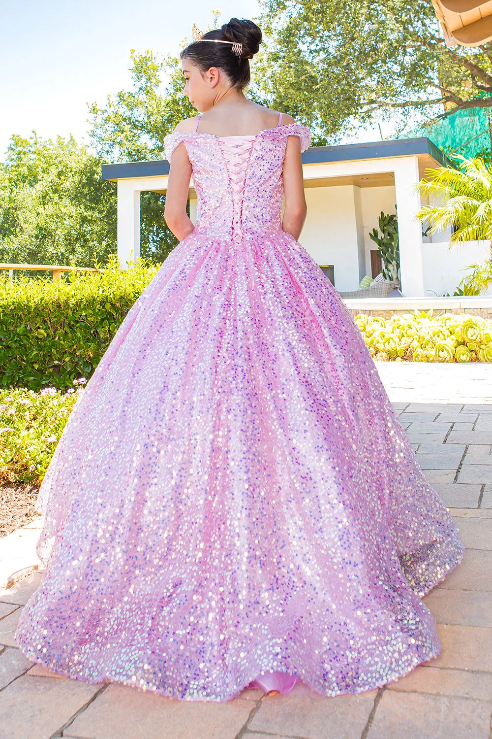 Girls Rainbow Sequin Glitter Tulle Off Shoulder Sweep Train Ball Gown, Sizes 2-16