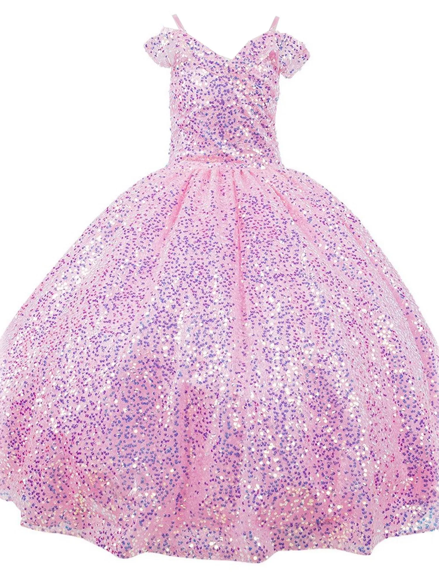 Girls Rainbow Sequin Glitter Tulle Off Shoulder Sweep Train Ball Gown, Sizes 2-16