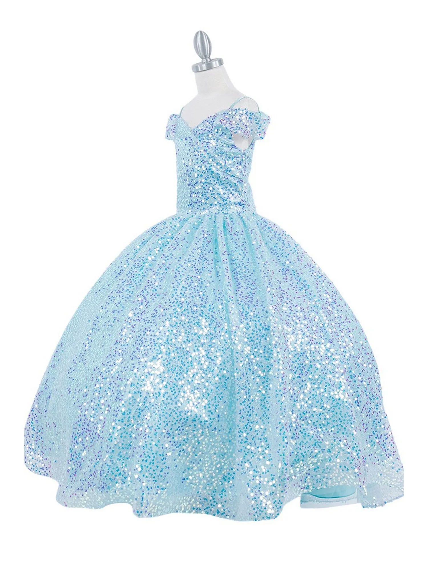 Girls Rainbow Sequin Glitter Tulle Off Shoulder Sweep Train Ball Gown, Sizes 2-16