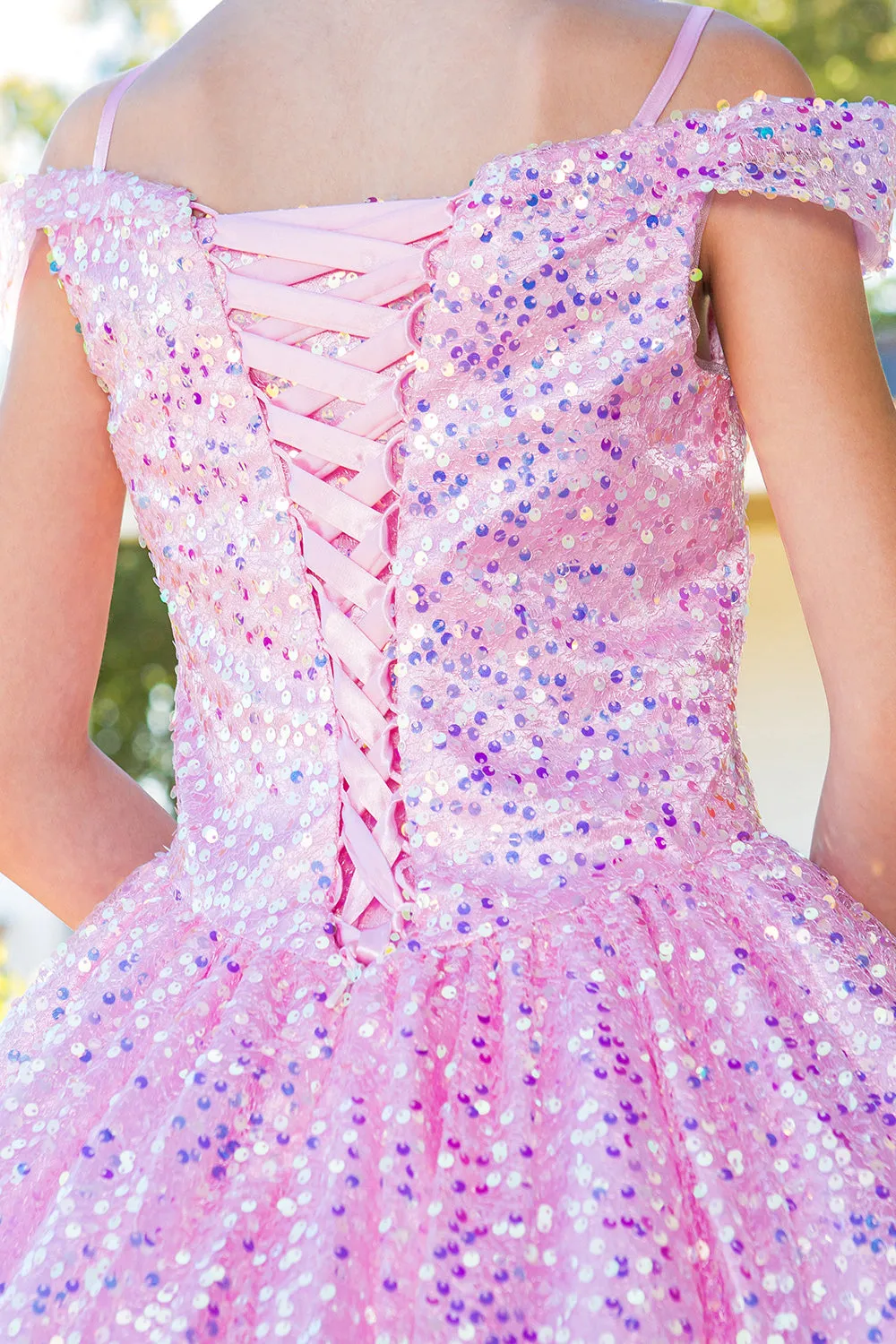 Girls Rainbow Sequin Glitter Tulle Off Shoulder Sweep Train Ball Gown, Sizes 2-16