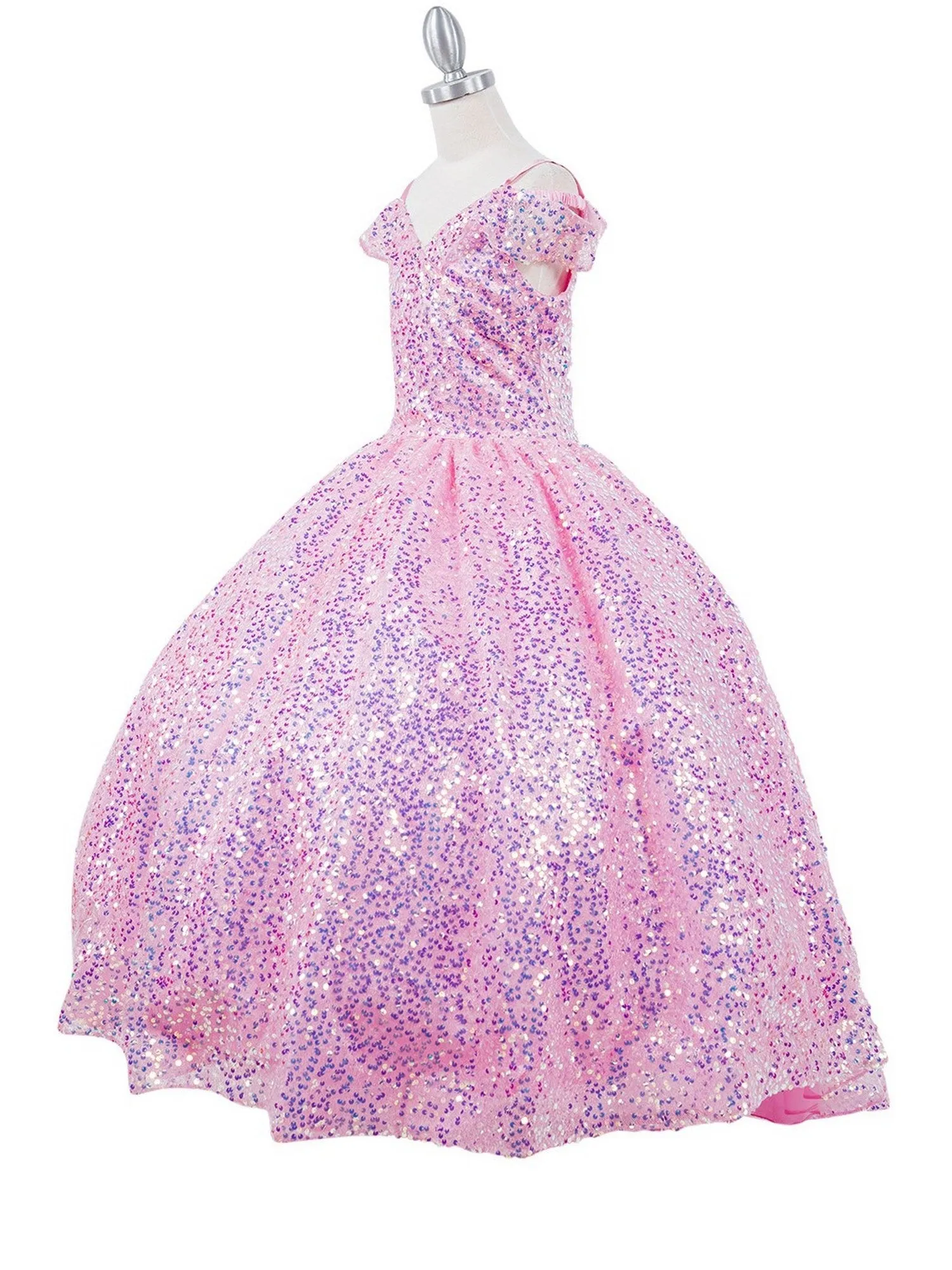 Girls Rainbow Sequin Glitter Tulle Off Shoulder Sweep Train Ball Gown, Sizes 2-16