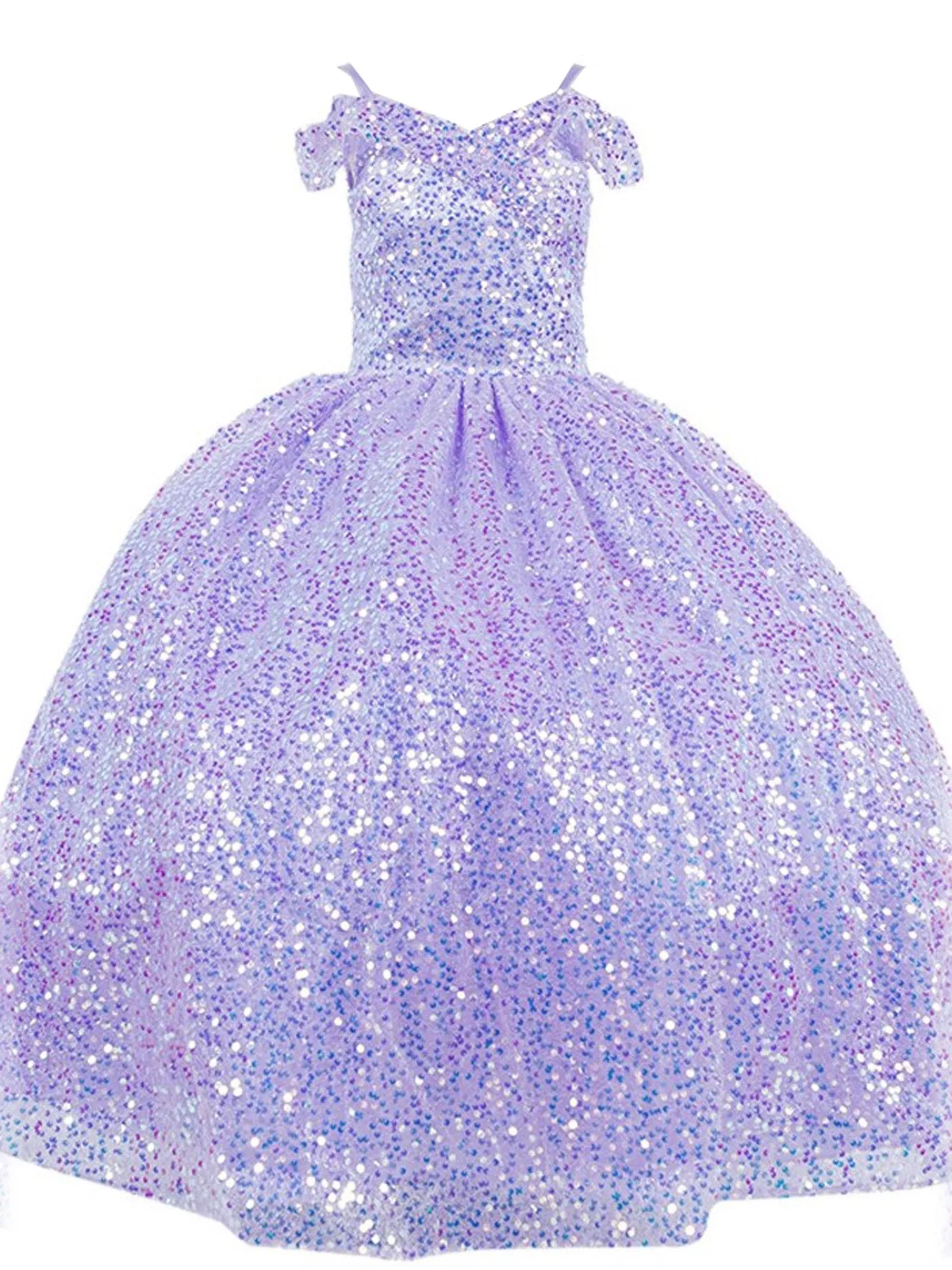 Girls Rainbow Sequin Glitter Tulle Off Shoulder Sweep Train Ball Gown, Sizes 2-16