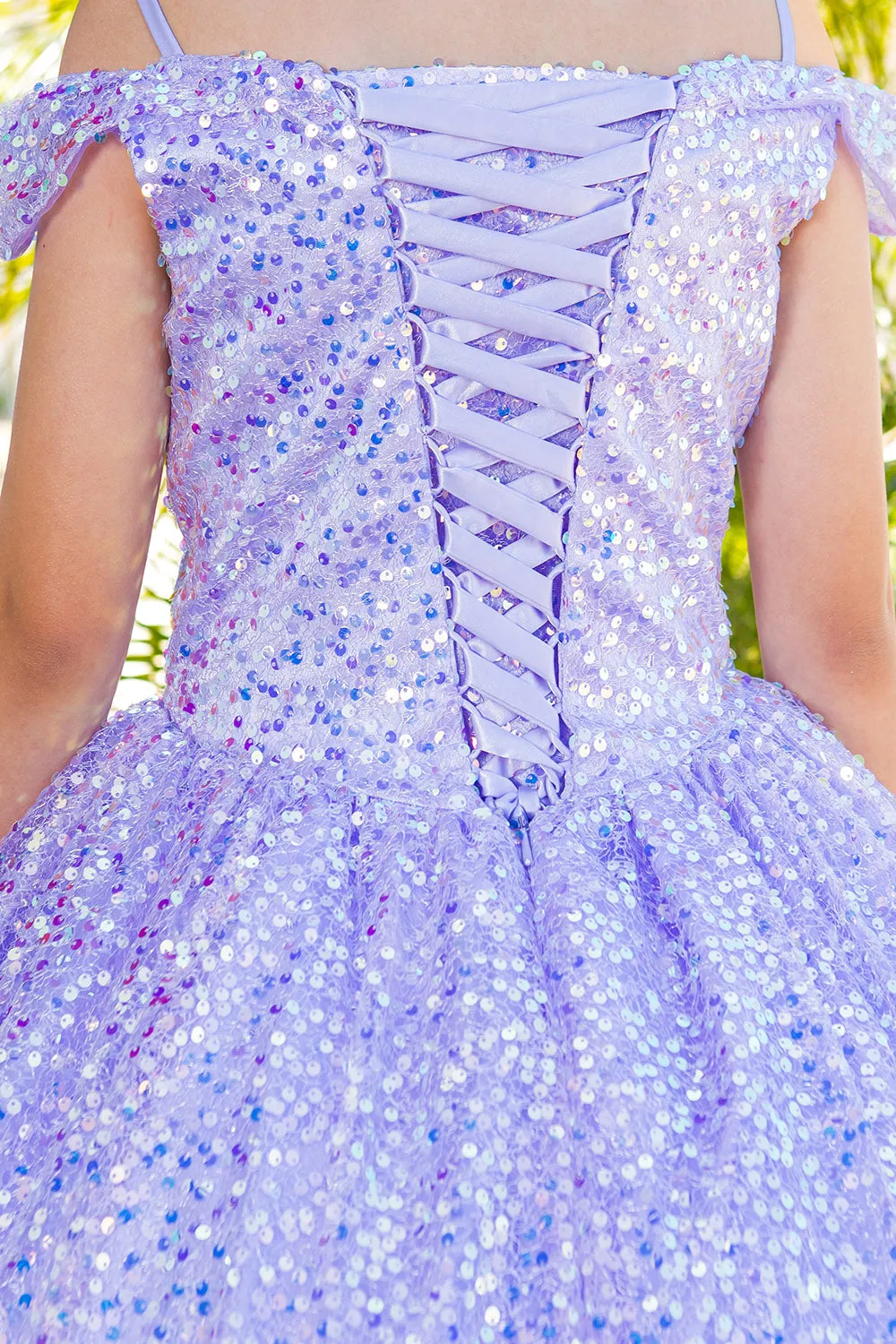 Girls Rainbow Sequin Glitter Tulle Off Shoulder Sweep Train Ball Gown, Sizes 2-16