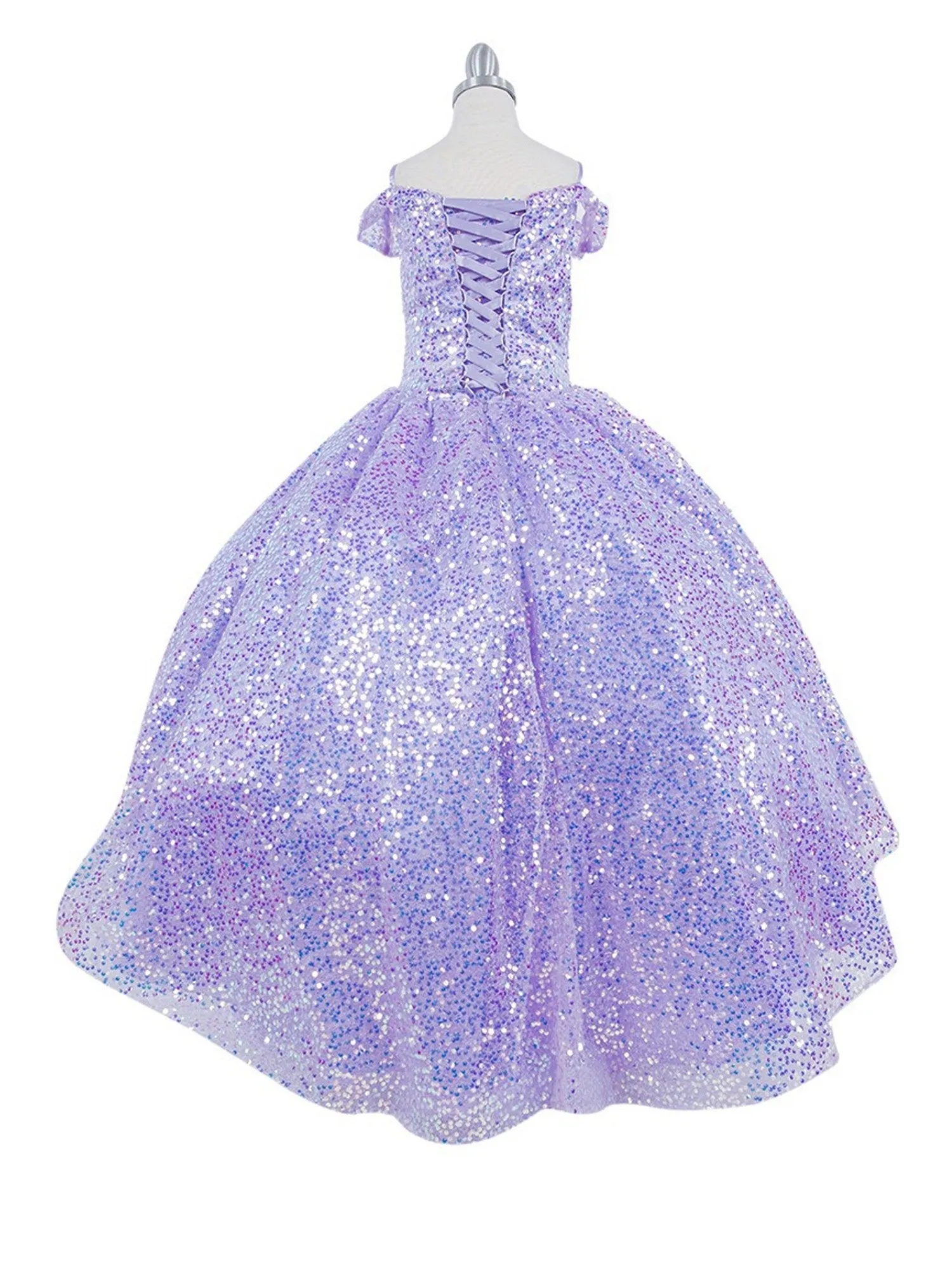 Girls Rainbow Sequin Glitter Tulle Off Shoulder Sweep Train Ball Gown, Sizes 2-16