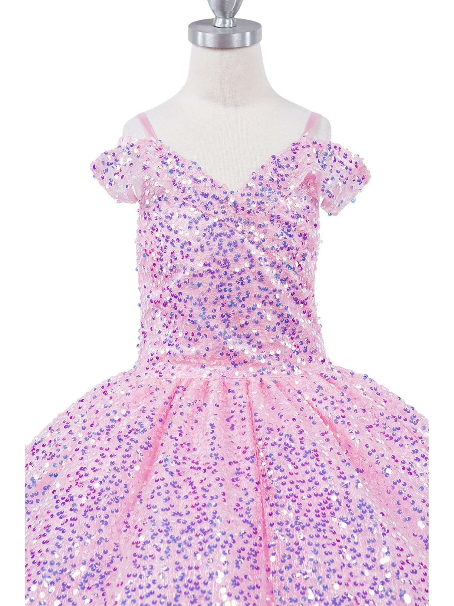 Girls Rainbow Sequin Glitter Tulle Off Shoulder Sweep Train Ball Gown, Sizes 2-16