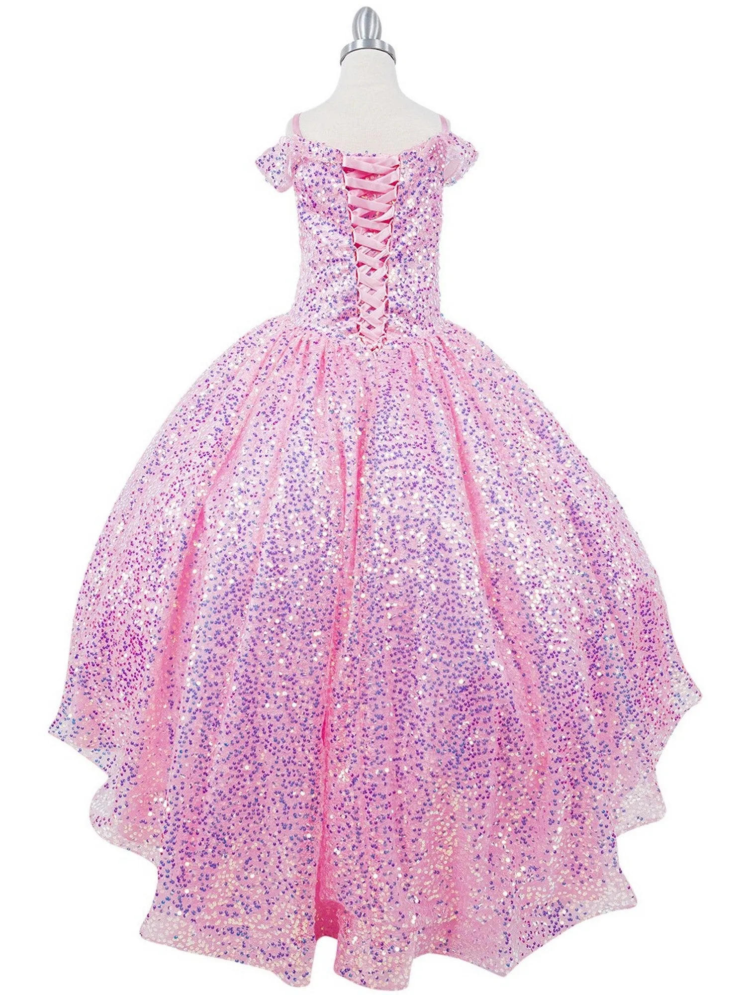 Girls Rainbow Sequin Glitter Tulle Off Shoulder Sweep Train Ball Gown, Sizes 2-16
