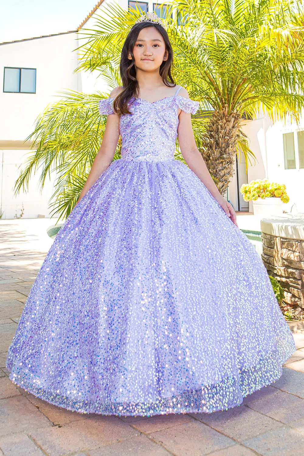 Girls Rainbow Sequin Glitter Tulle Off Shoulder Sweep Train Ball Gown, Sizes 2-16