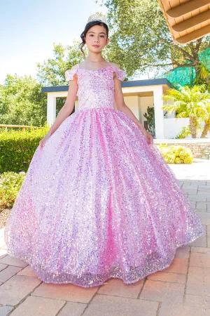 Girls Rainbow Sequin Glitter Tulle Off Shoulder Sweep Train Ball Gown, Sizes 2-16