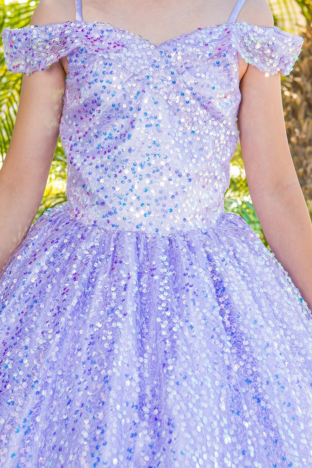 Girls Rainbow Sequin Glitter Tulle Off Shoulder Sweep Train Ball Gown, Sizes 2-16