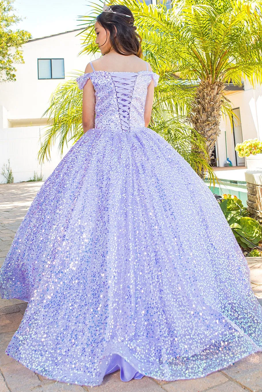 Girls Rainbow Sequin Glitter Tulle Off Shoulder Sweep Train Ball Gown, Sizes 2-16