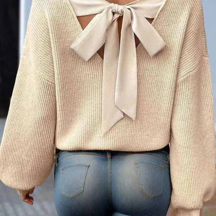 Grace Puff Sleeve Sweater W/ Bow Knot Back