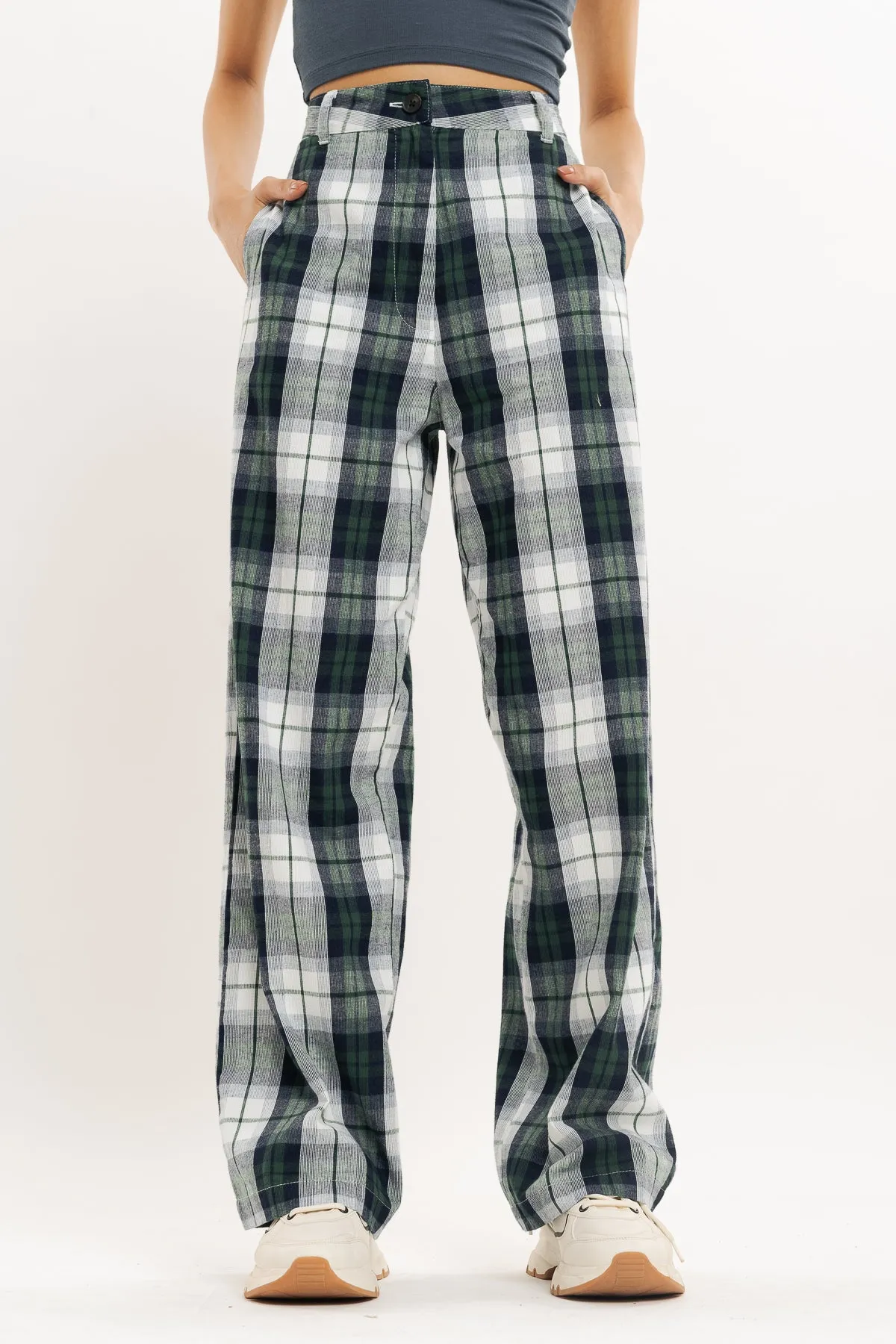 Green And White Checkered Straight Fit Pant