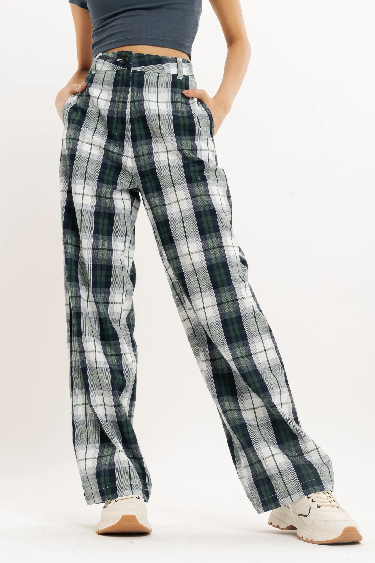 Green And White Checkered Straight Fit Pant